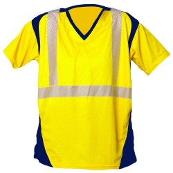 Tee Shirt Bambou MC Bandes segmentées Jaune fluo et Marine